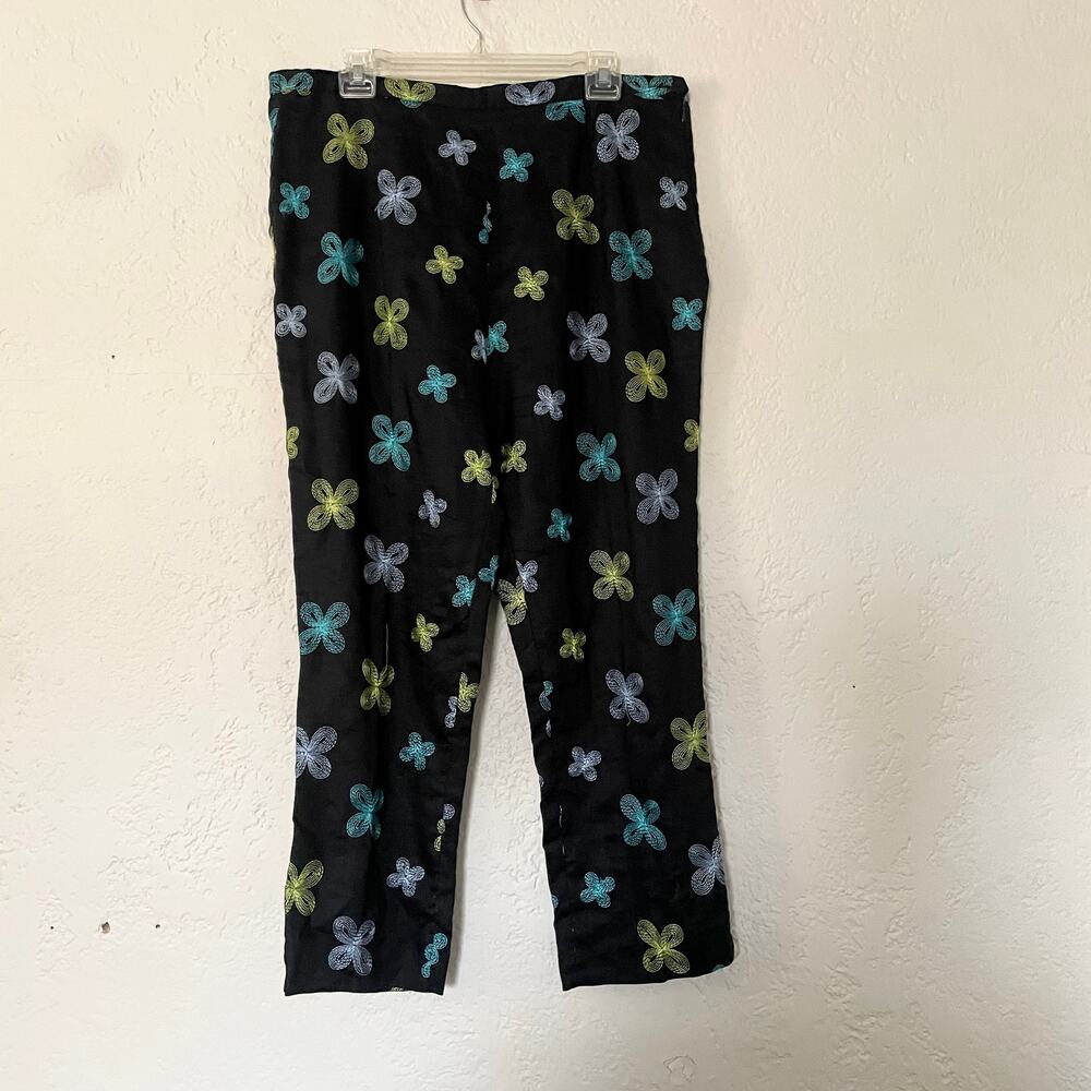 Vintage Silkland Ramie Linen Bow Embroidered Crop Pants Capris sz 16